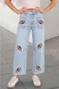 PRE-ORDER Game Day Sequin Patched Rugby Raw Hem Jeans