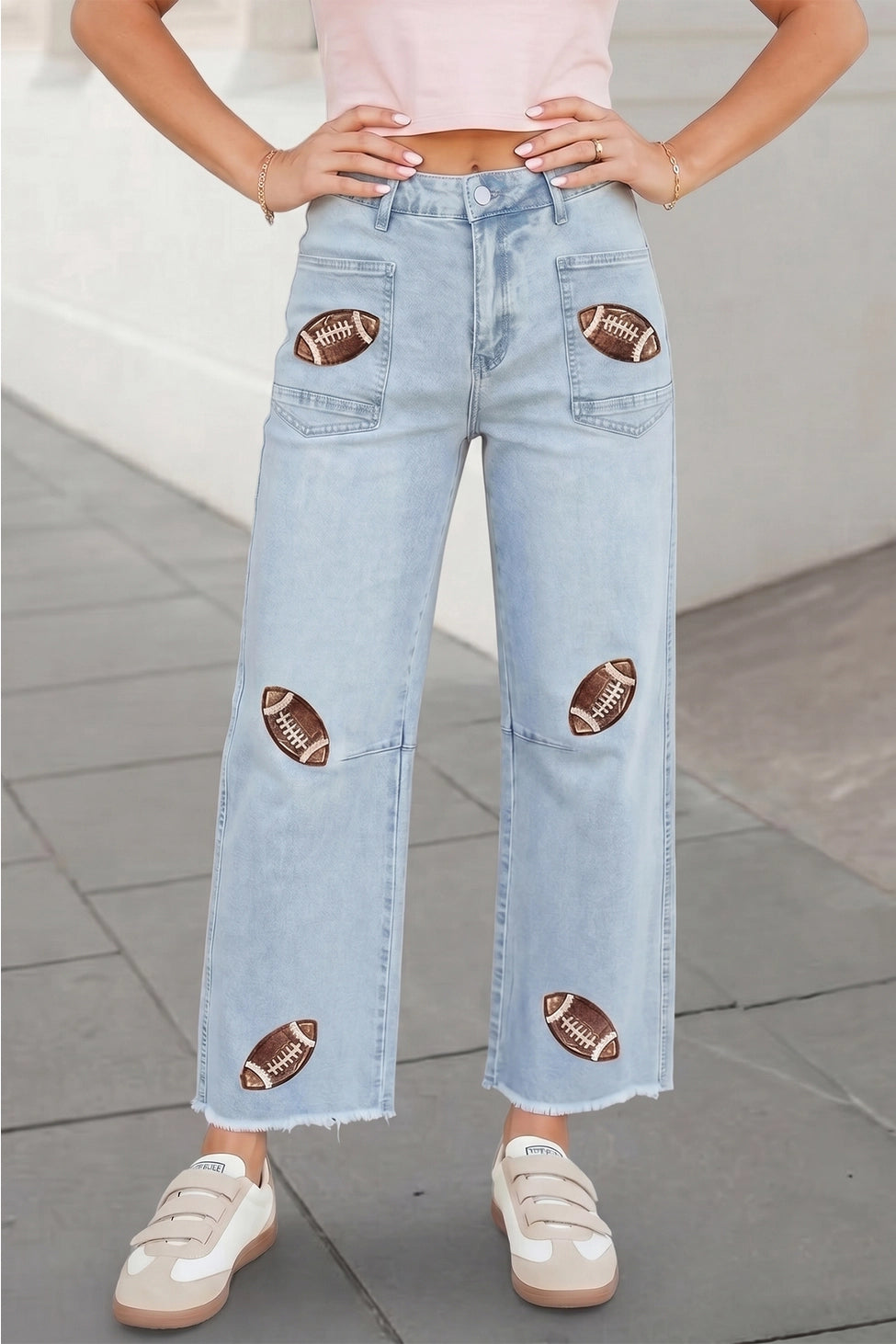 PRE-ORDER Game Day Sequin Patched Rugby Raw Hem Jeans