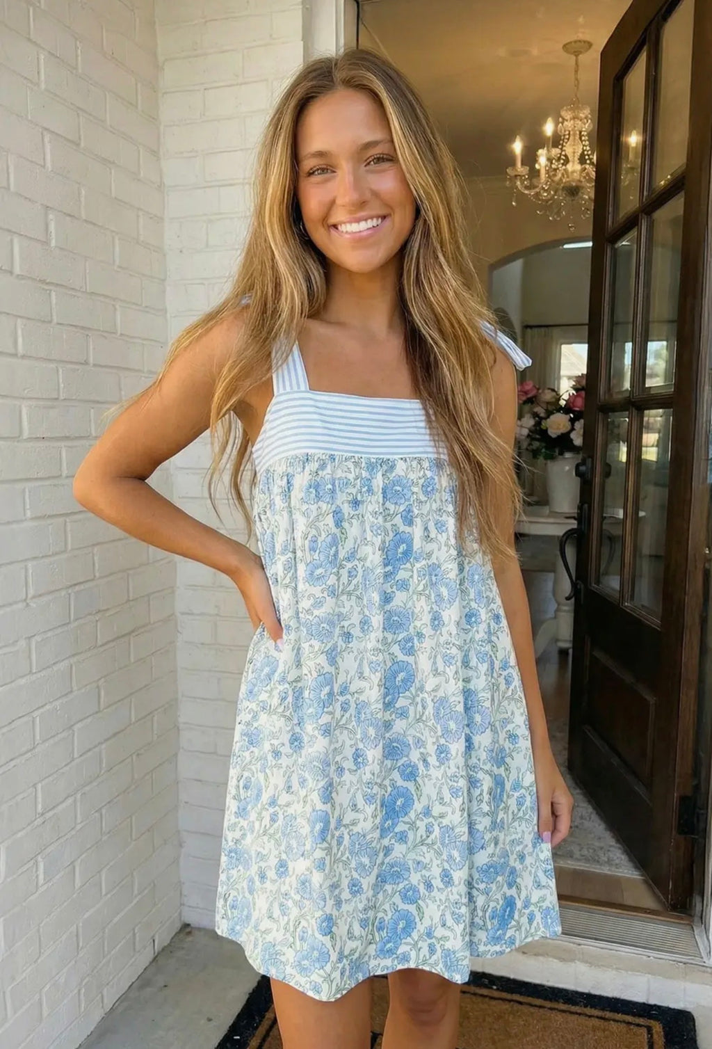 Floral Stripe Bow Knot Strap Mini Dress