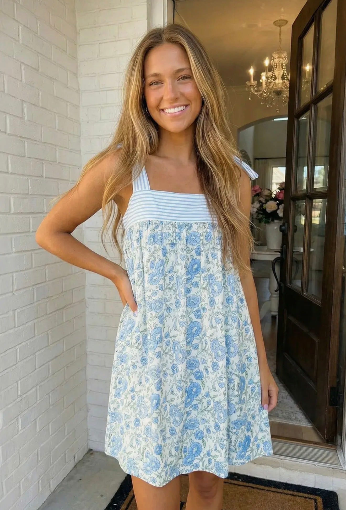 Floral Stripe Bow Knot Strap Mini Dress