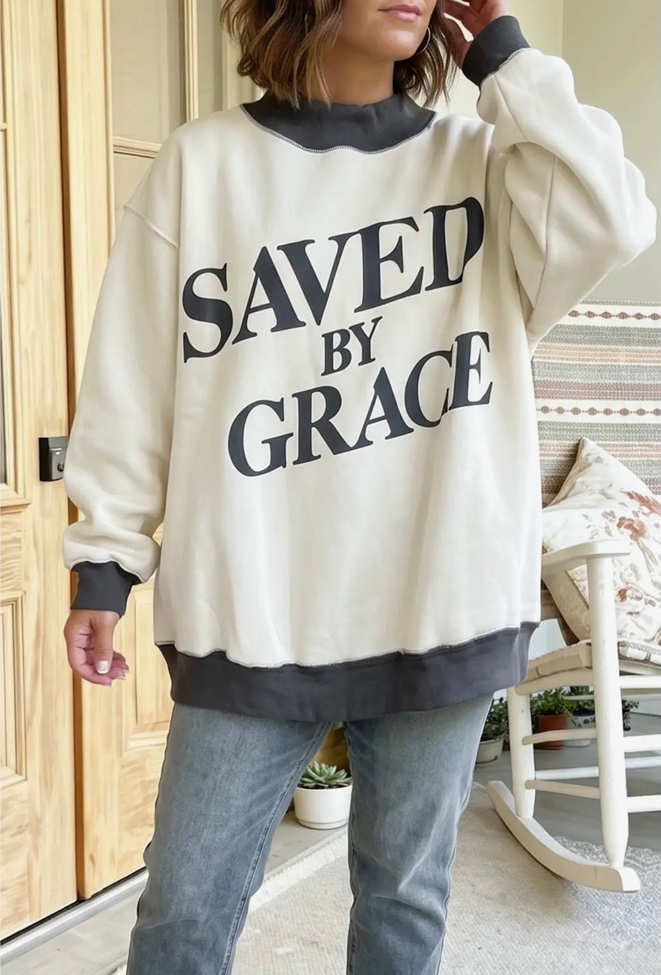 PREORDER Saved By Grace Print Mock Neck Sweatshirt
