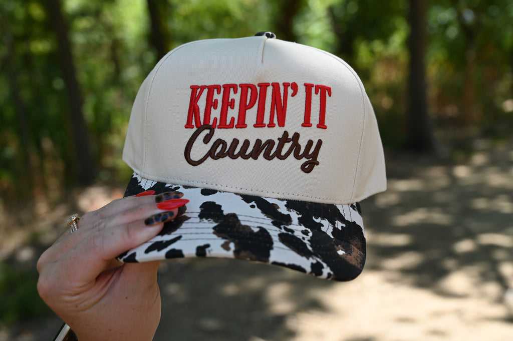 Keepin' It Country 3D Embroidered Cow Print Brim Trucker Hat
