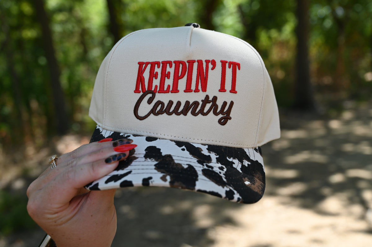 Keepin' It Country 3D Embroidered Cow Print Brim Trucker Hat