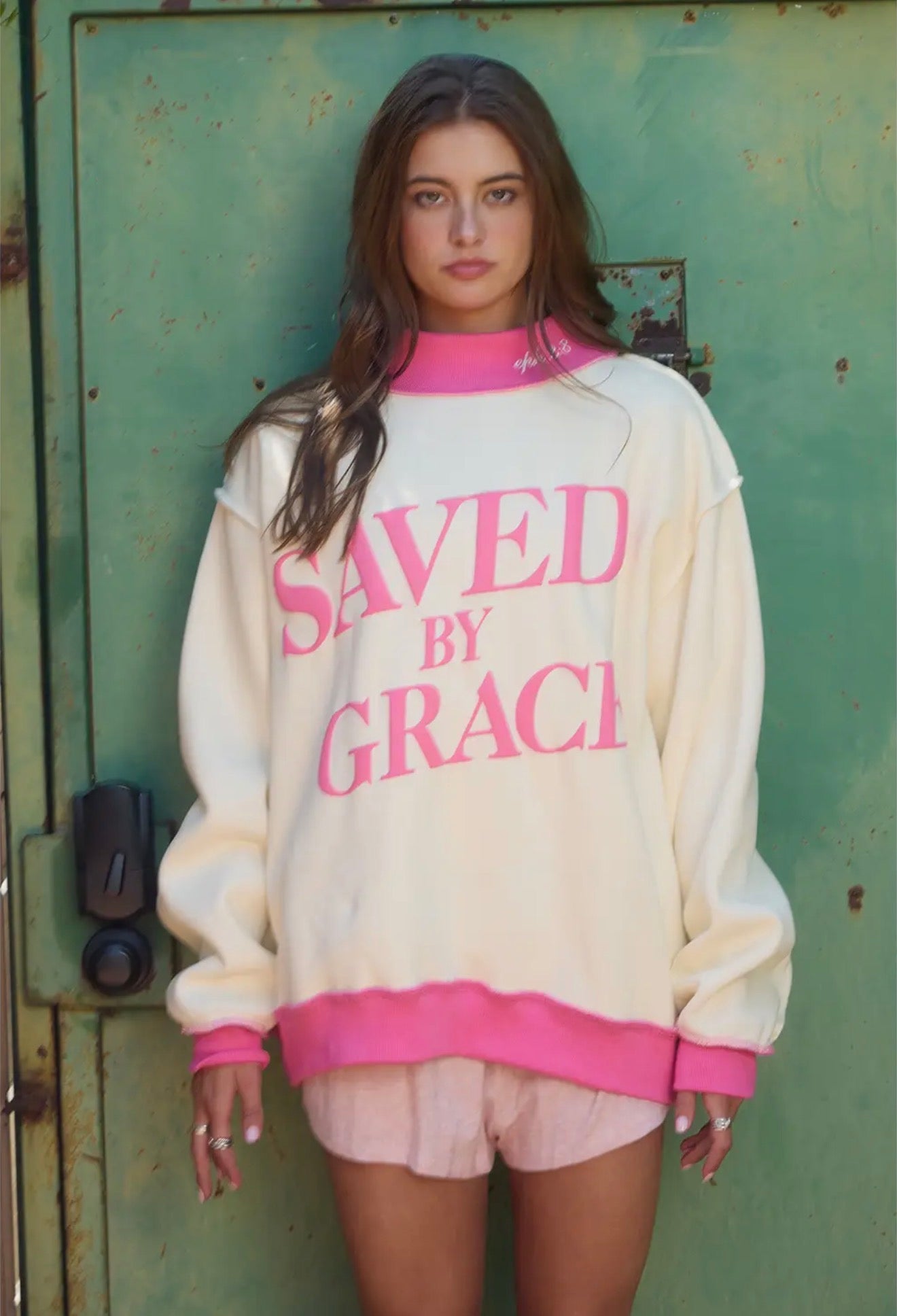 Saved By Grace Puff Print Mock Neck Sweatshirt