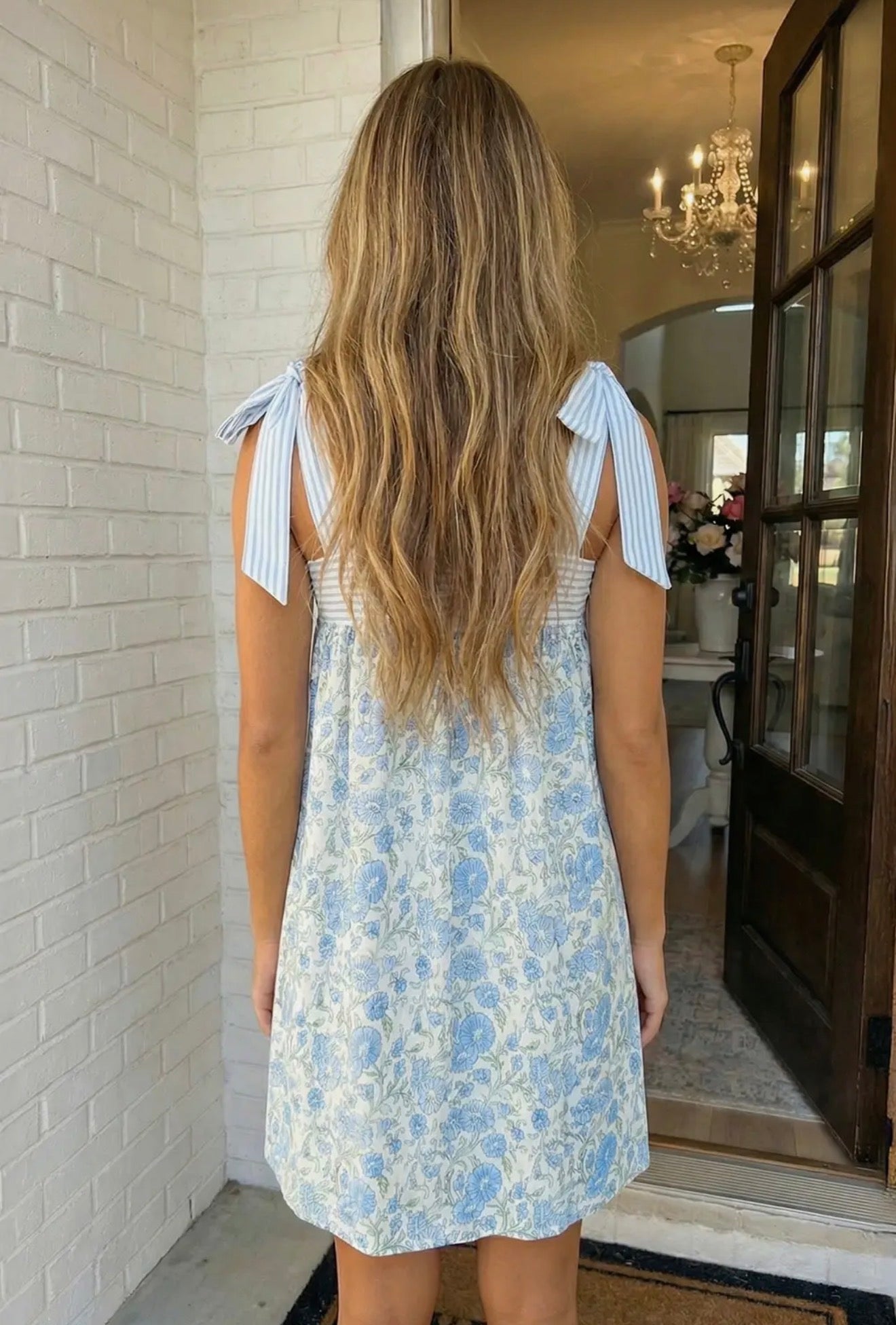 Floral Stripe Bow Knot Strap Mini Dress
