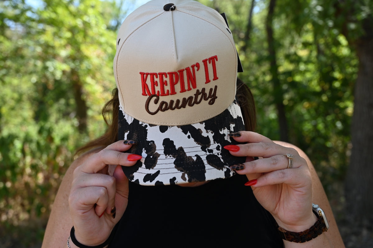Keepin' It Country 3D Embroidered Cow Print Brim Trucker Hat