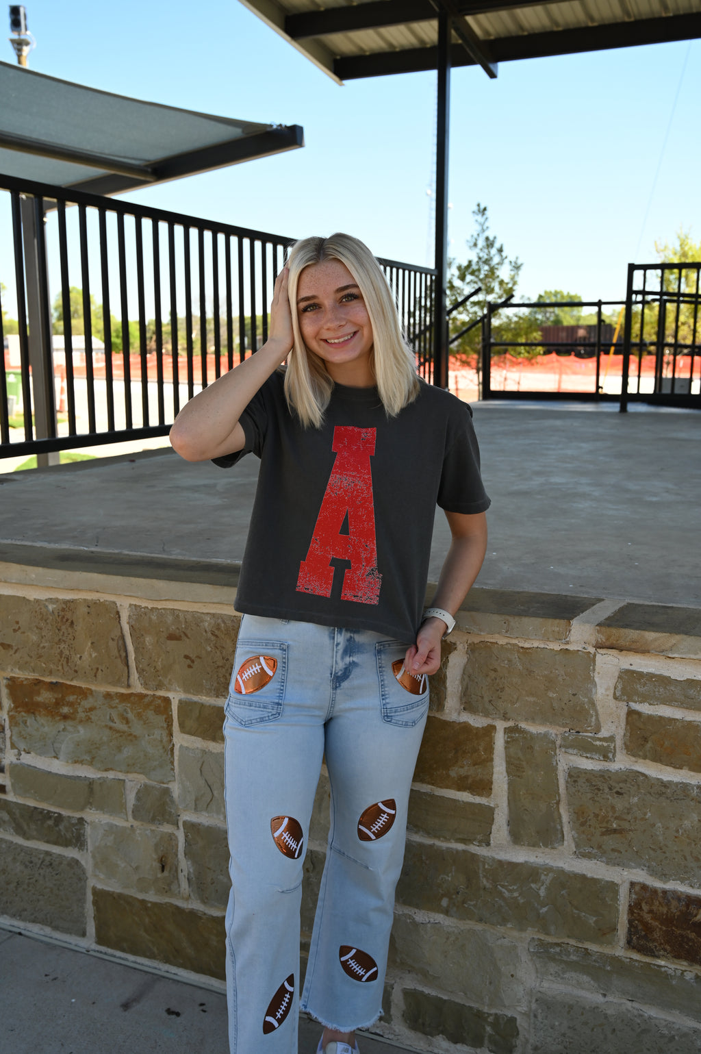 Football Game Day Sequin Patched Raw Hem Jeans