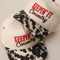 Keepin' It Country 3D Embroidered Cow Print Brim Trucker Hat