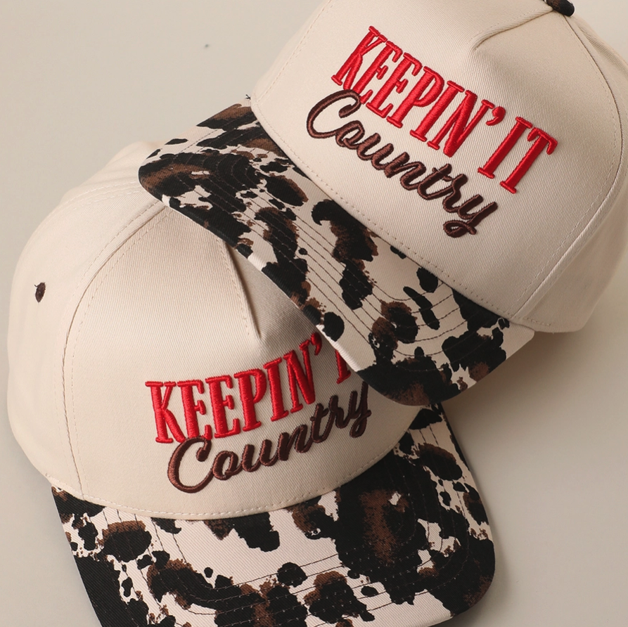 Keepin' It Country 3D Embroidered Cow Print Brim Trucker Hat