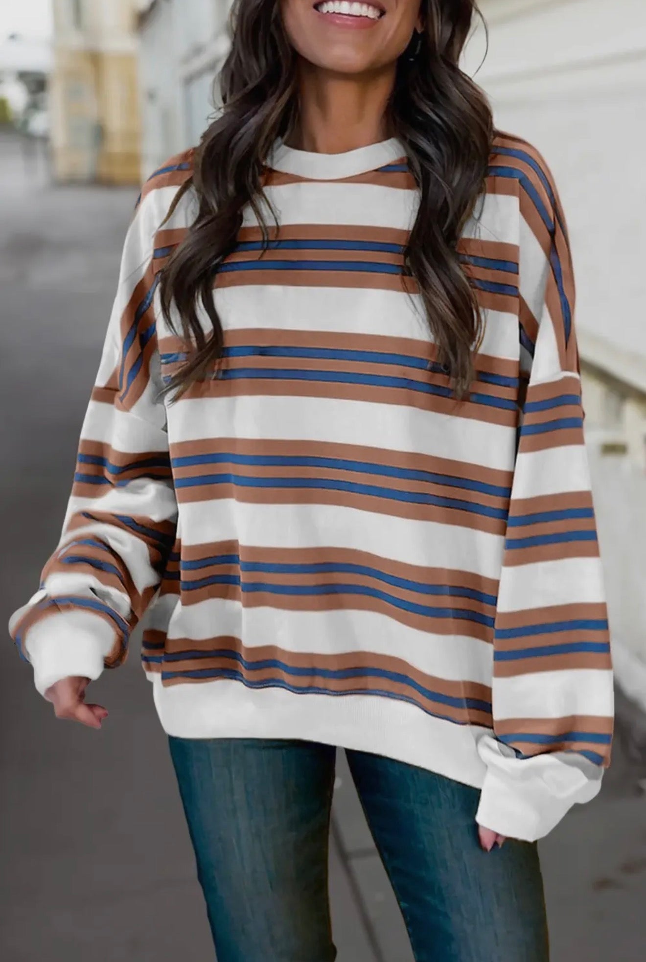 Stripe Round Neck Drop Shoulder Top