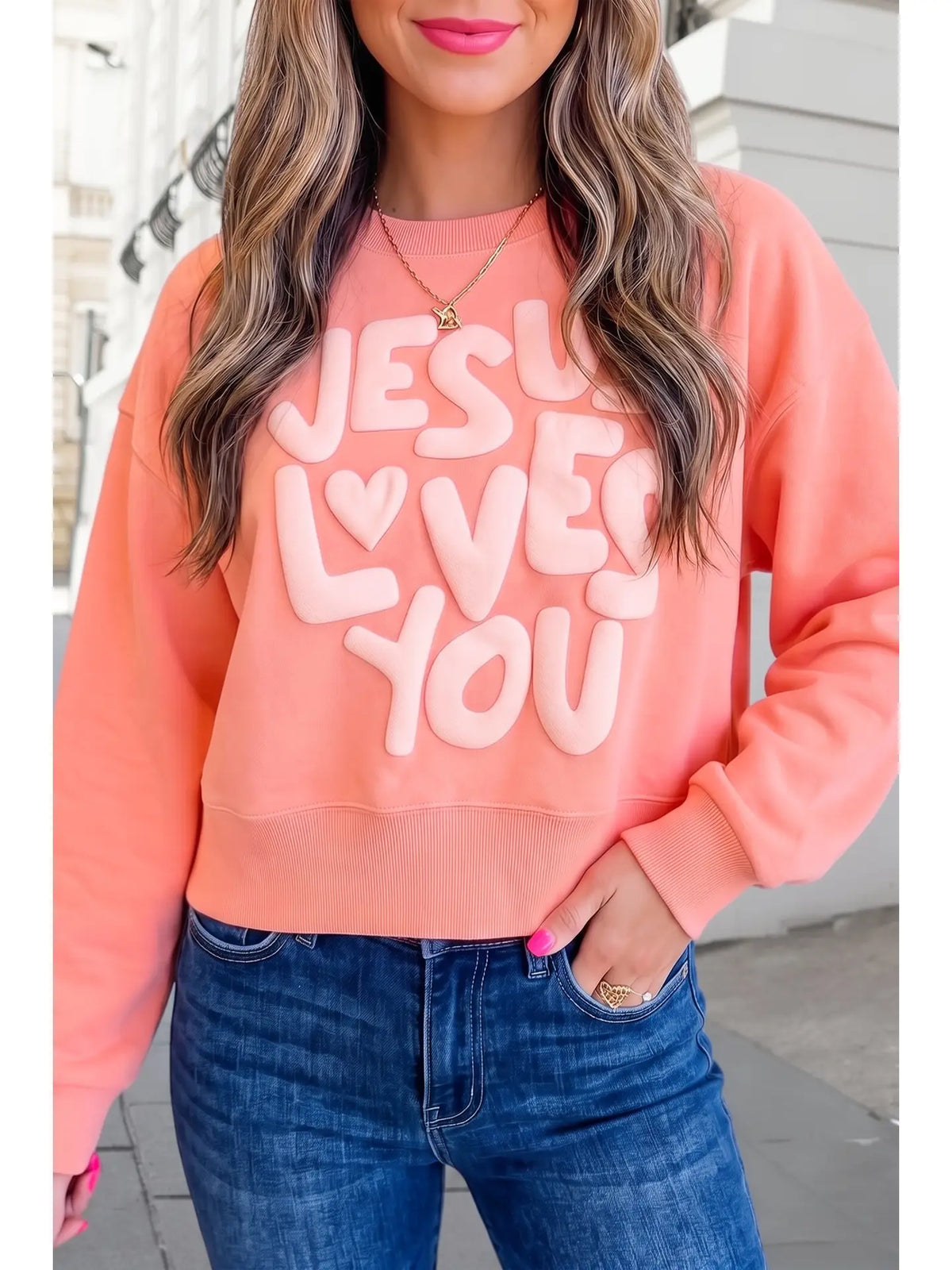 JESUS LOVES YOU Puffy Letter Graphic Sweatshirt